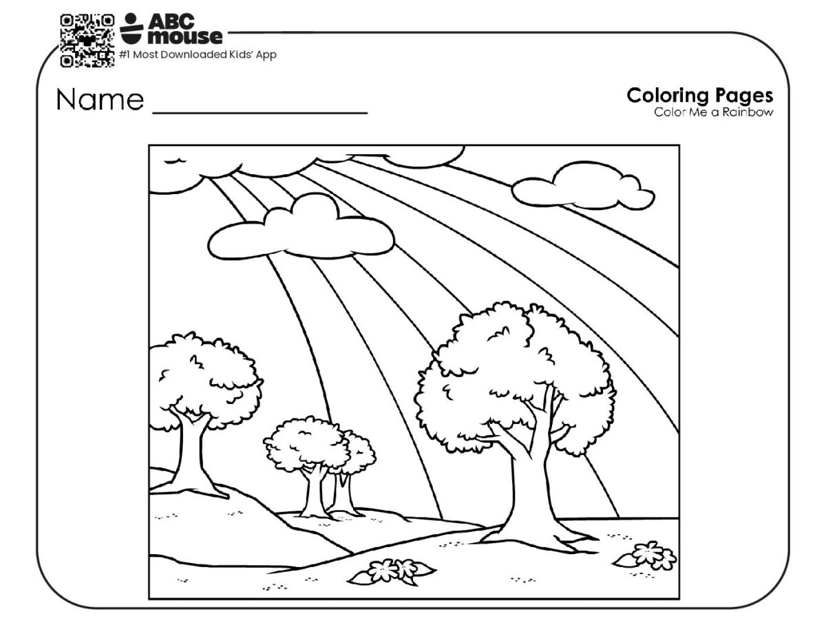 Spring Rainbow Coloring Page with a Tree and Clouds | ABCmouse