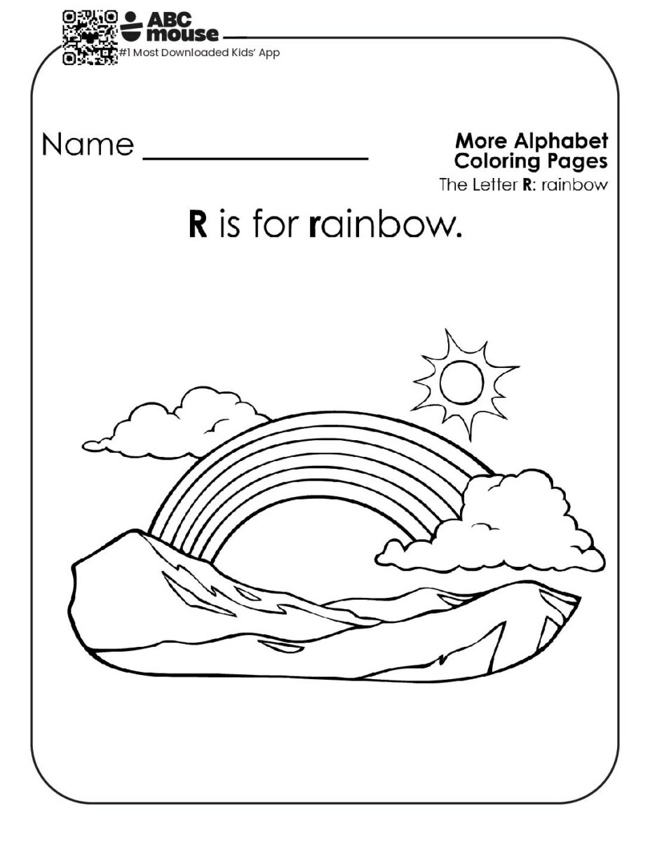 Letter R Coloring Page with a Rainbow Scene for Early Readers | ABCmouse
