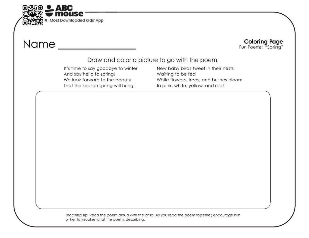 Spring Poem Coloring Page with Creative Drawing Space | ABCmouse