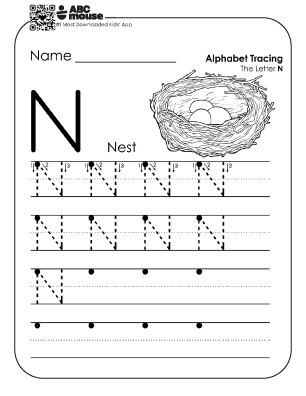 Uppercase letter N worksheet and alphabet tracing sheet with a black and white nest to color