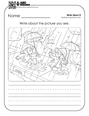 Black and white literacy worksheet and writing prompt featuring an image of two children in the rain with raincoats and umbrellas to color and space to write about the image.