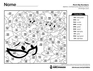 Free printable 2nd grade addition and subtraction color by number worksheet for kids from ABCmouse.com.