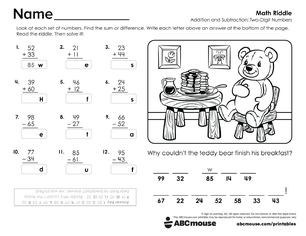 Free printable 2nd grade addition and subtraction two digit numbers worksheet for kids from ABCmouse.com.