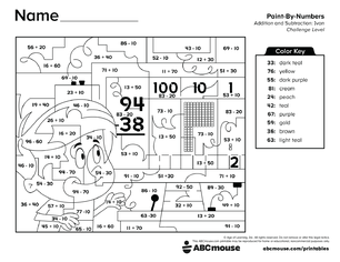 Free printable 2nd grade addition and subtraction color by number worksheet for kids from ABCmouse.com.