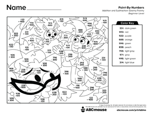 Free printable 2nd grade addition and subtraction color by number worksheet for kids from ABCmouse.com.