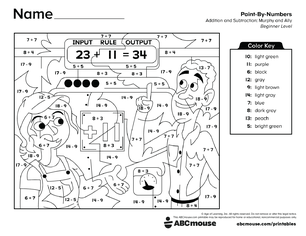 Free printable 2nd grade addition and subtraction color by number worksheet for kids from ABCmouse.com.
