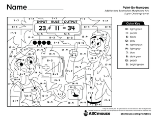 Free printable 2nd grade addition and subtraction color by number worksheet for kids from ABCmouse.com.