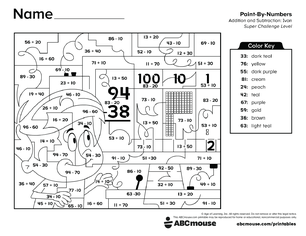 Free printable 2nd grade addition and subtraction color by number worksheet for kids from ABCmouse.com.