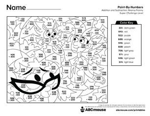 Free printable 2nd grade addition and subtraction color by number worksheet for kids from ABCmouse.com.