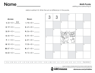 Free printable 2nd grade addition and subtraction 10s worksheet for kids from ABCmouse.com.