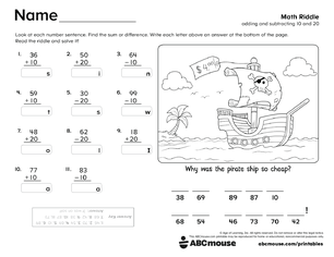 Free printable 2nd grade addition and subtraction 10 and 20 worksheet for kids from ABCmouse.com.