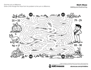 Free printable 2nd grade addition and subtraction math maze worksheet for kids from ABCmouse.com.