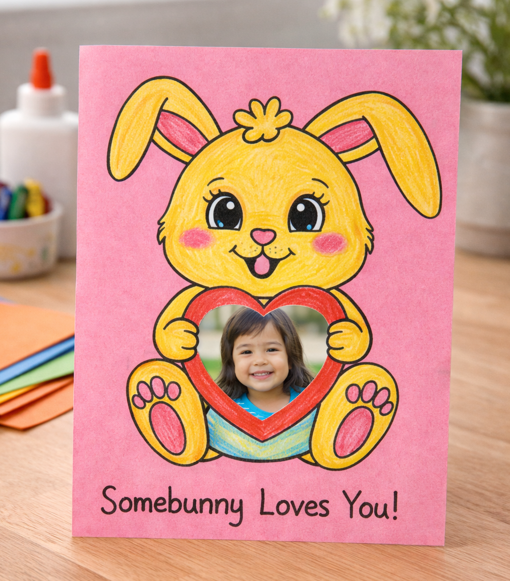A pink Valentine’s card featuring a cute yellow bunny holding a red heart-shaped frame with a child’s photo inside, and the words “Somebunny Loves You!” printed at the bottom.