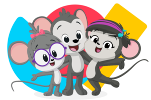 Three ABCmouse characters smiling together in front of colorful shapes