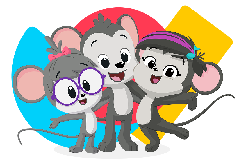 Three ABCmouse characters smiling together in front of colorful shapes