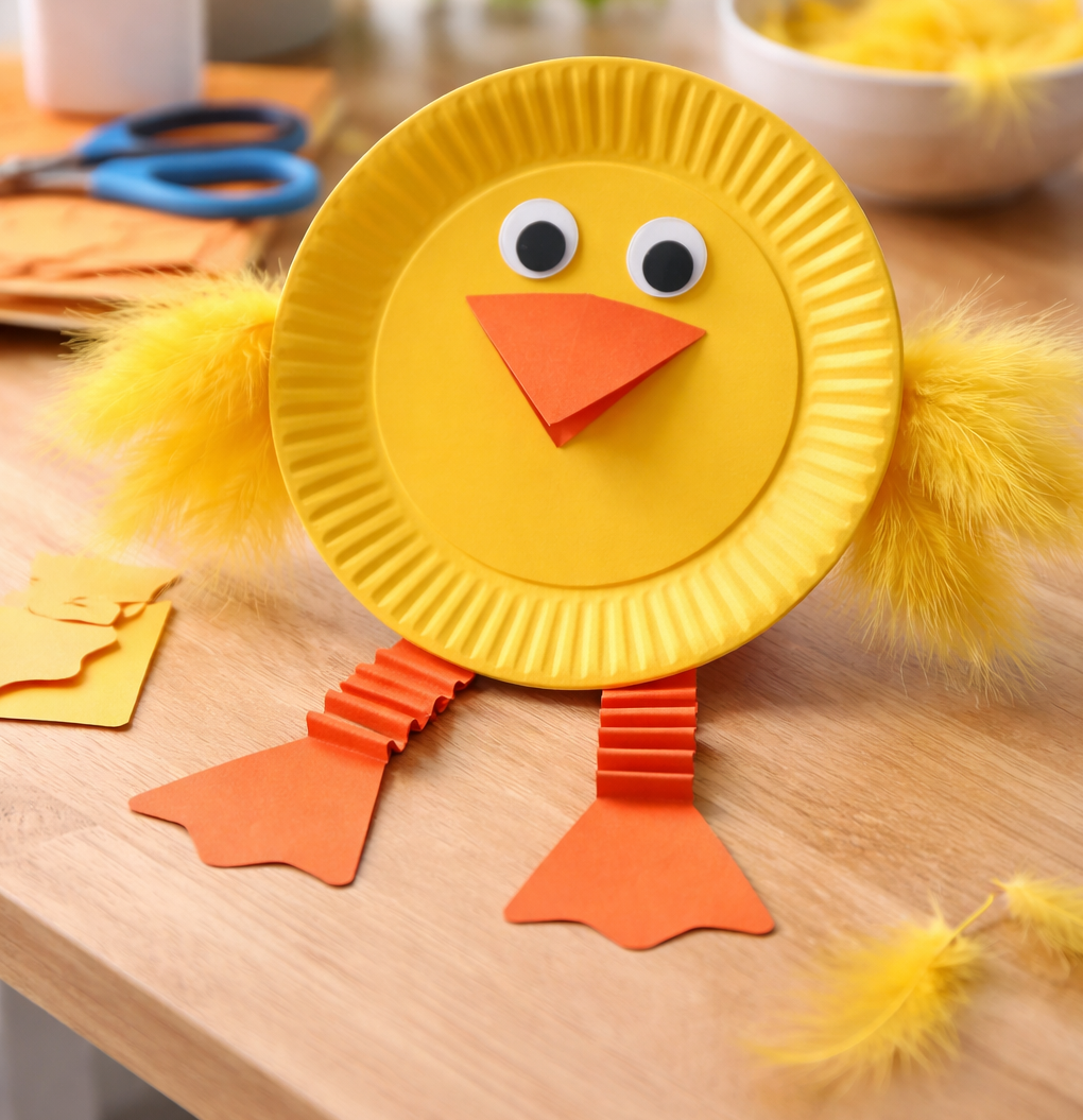 A handmade chick craft made from a yellow paper plate with googly eyes, an orange paper beak and feet, and fluffy yellow feather wings, sitting on a wooden table with craft supplies in the background.