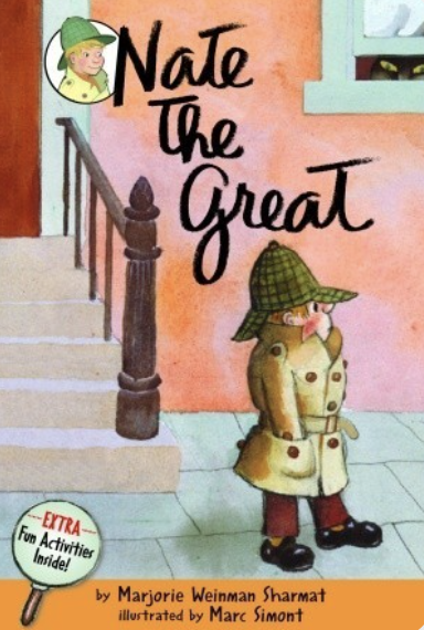 Illustrated book cover showing a young detective in a trench coat and hat standing on a staircase.
