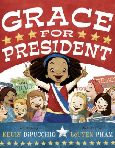 Illustrated book cover showing a young girl smiling and raising her arms at a school election rally.