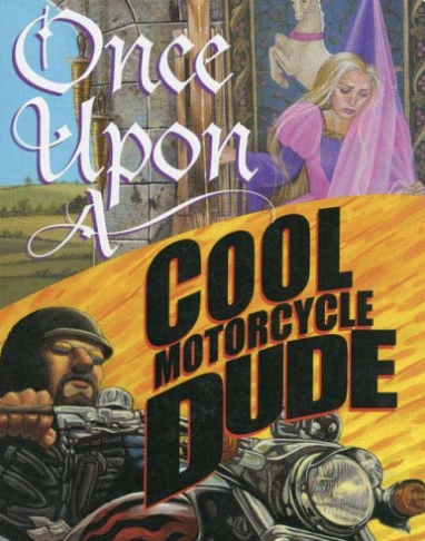 Illustrated book cover split into two styles, showing a princess on one side and a tough motorcycle rider on the other.