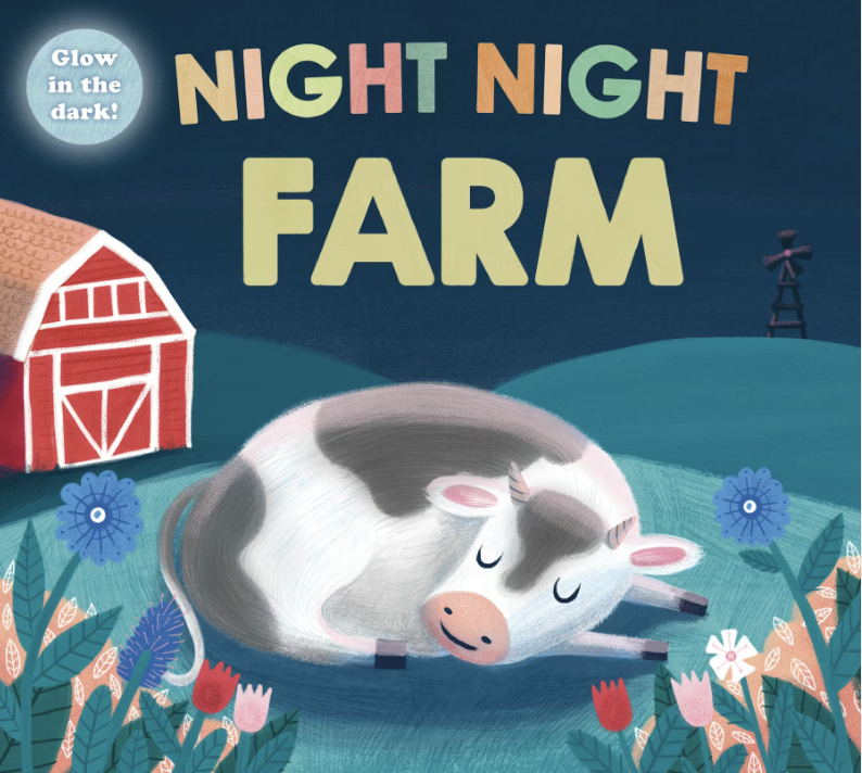 Illustrated book cover showing a sleeping cow curled up on a farm at night, with a barn, flowers, and a dark blue nighttime sky.