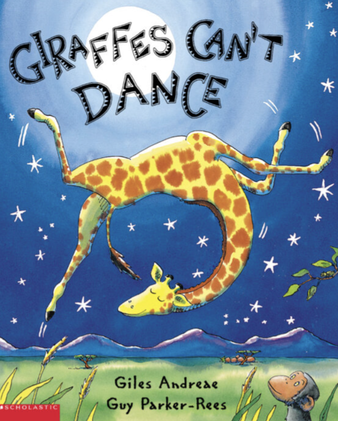 Illustrated book cover featuring a giraffe joyfully dancing under a starry night sky with other animals watching.