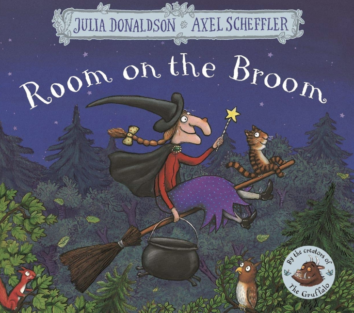 Illustrated book cover of a witch flying on a broomstick at night with a cat and other animals, set against a moonlit sky.