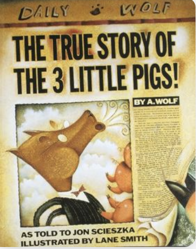 Illustrated book cover styled like a newspaper front page, showing a wolf telling his side of the Three Little Pigs story.