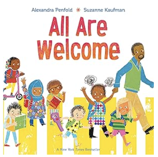Illustrated book cover showing a diverse group of children and adults standing together, smiling and holding hands.