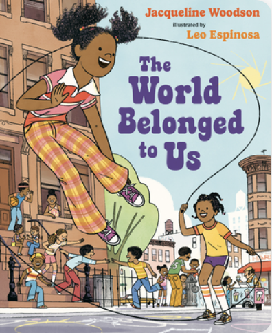Illustrated book cover showing children playing jump rope in a lively city neighborhood.