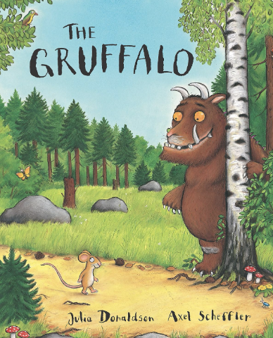 Illustrated book cover showing a small mouse standing on a forest path while the Gruffalo peeks from behind a tree.