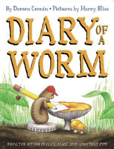 Illustrated book cover showing a worm sitting at a desk, writing in a notebook with a pencil.