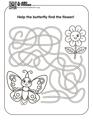 Butterfly maze free printable worksheet for kids featuring a spring-themed path to help the butterfly find the flower.