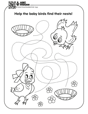 Bird maze free printable worksheet where kids trace dotted lines to help baby birds find their nests.