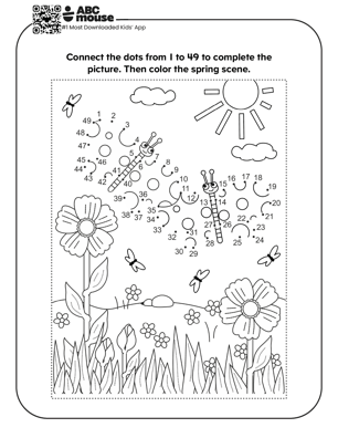 Butterfly dot-to-dot free printable worksheet with numbered connect-the-dots activity and spring scene to color.