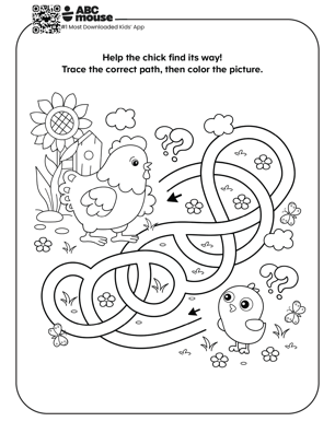 Chicken maze free printable worksheet where children trace the correct path through a spring farm scene.