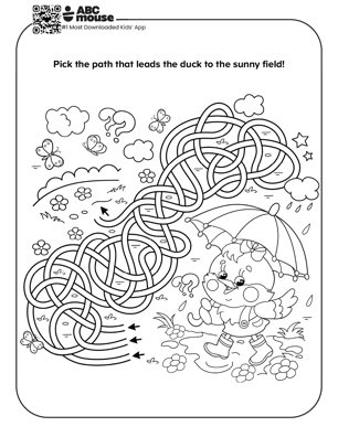 Rainy day maze free printable worksheet featuring a chick with an umbrella and a spring path puzzle.