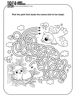 Bird nest maze free printable worksheet where kids follow the path to help a bird reach her nest.