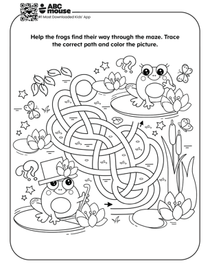 Frog pond maze free printable worksheet where kids trace the correct path through a spring lily pad scene.