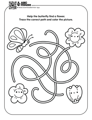 Butterfly flower maze free printable worksheet for kids featuring a spring path tracing activity.