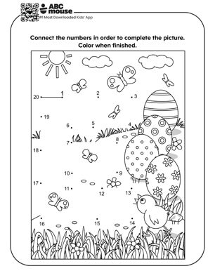 Easter dot-to-dot free printable worksheet with numbered connect-the-dots spring scene and coloring activity.