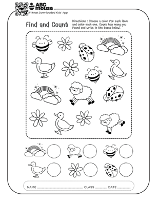 Count and color free printable worksheet with spring animals and counting activity for kids.
