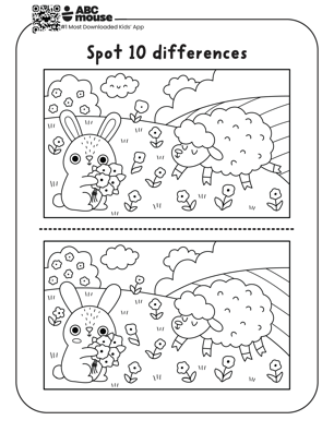 Bunny spot the differences free printable worksheet with two spring scenes to compare and circle changes.