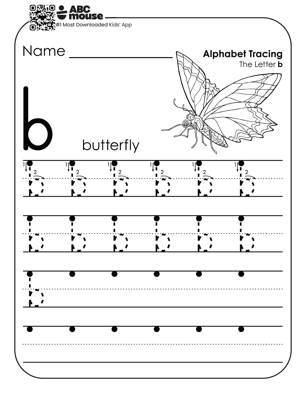 Lowercase letter b tracing sheet with black and white butterfly to color