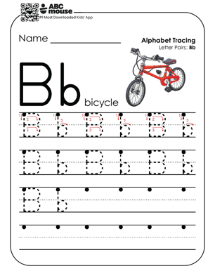Uppercase and lowercase letter b worksheet with letters to trace and write and a colorful red bicycle.