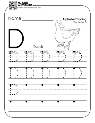 Uppercase letter D worksheet and alphabet tracing sheet with a black and white duck to color