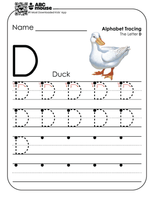 Uppercase letter D worksheet and alphabet tracing sheet with colorful duck