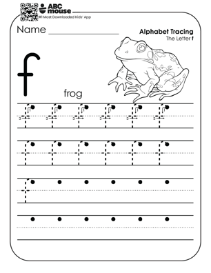 Lowercase letter f worksheet and alphabet tracing sheet with a black and white frog to color