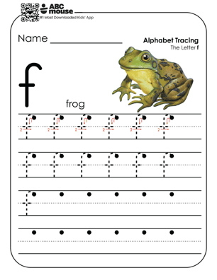 Lowercase letter f worksheet and alphabet tracing sheet with colorful frog