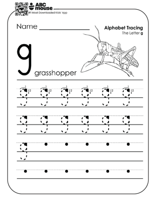 Lowercase letter g worksheet and alphabet tracing sheet with a black and white grasshopper to color