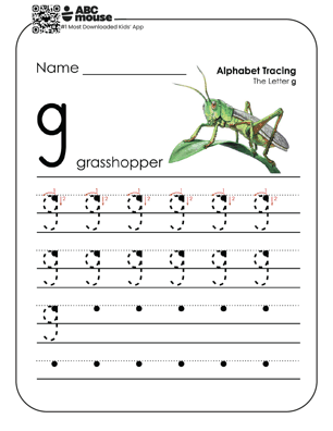 Lowercase letter g worksheet and alphabet tracing sheet with colorful grasshopper